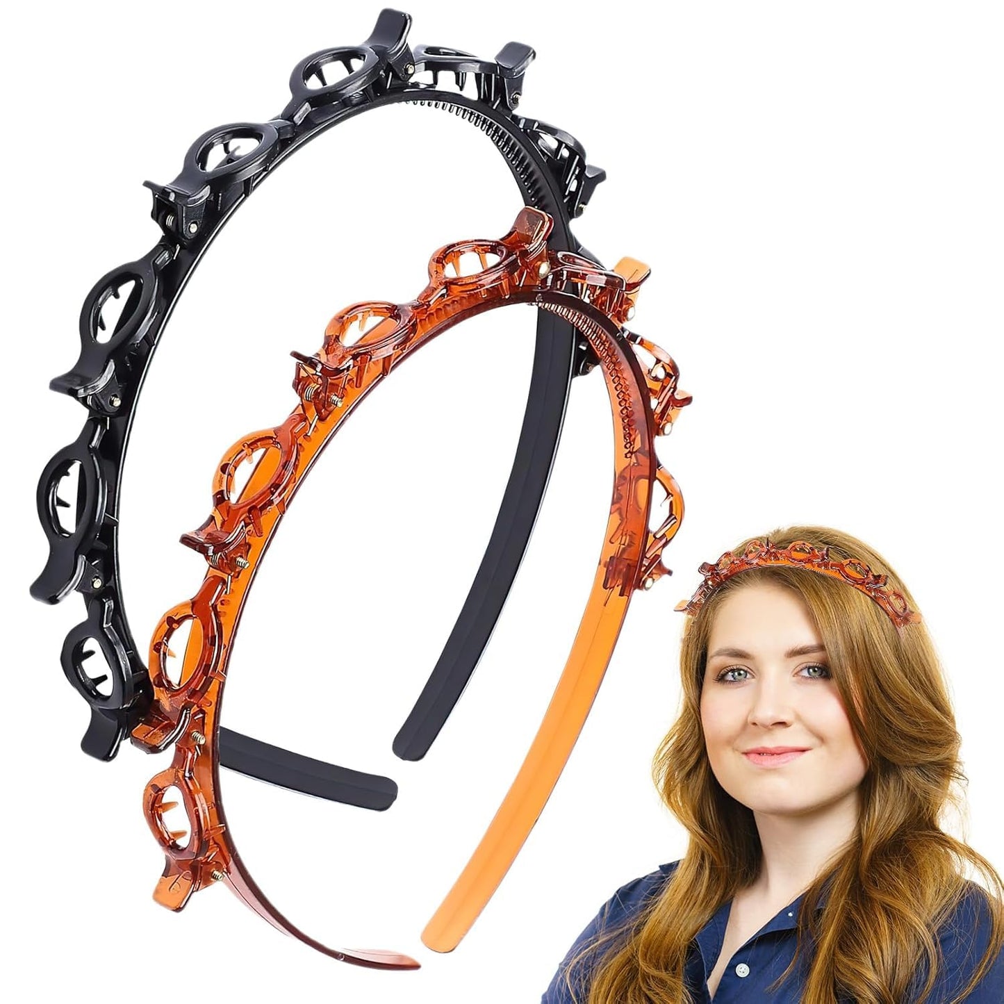 Lot de 2 serre-têtes à double frange avec 8 petites pinces, accessoires pour tresses torsadées à double couche pour femmes